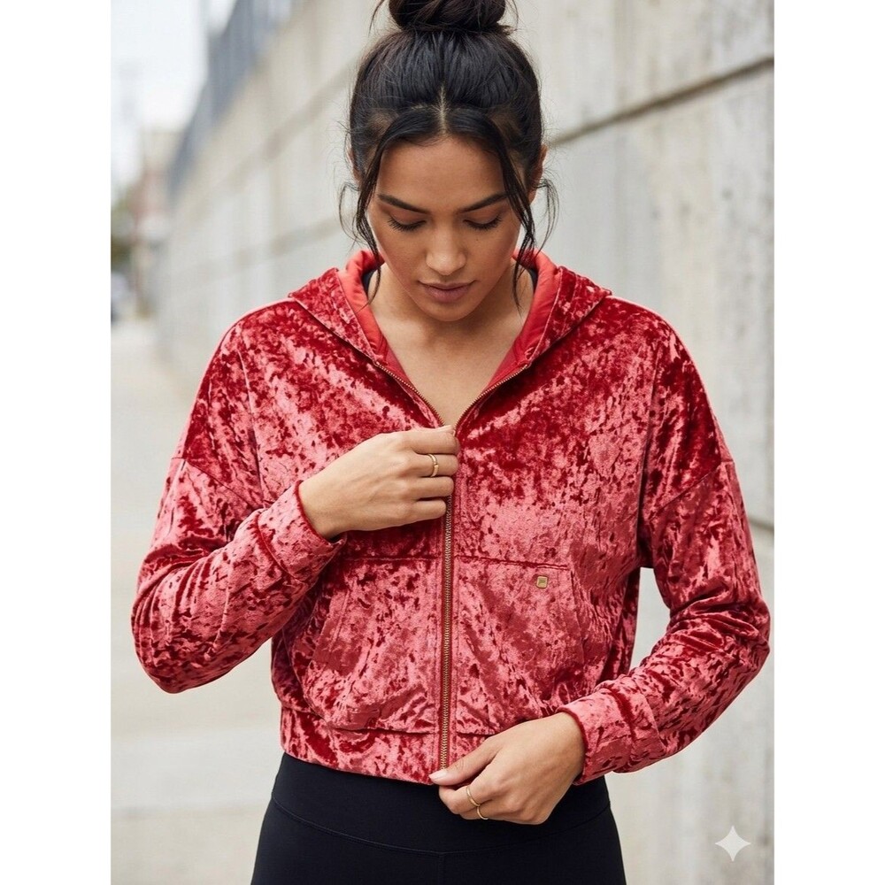 Fabletics Red Crushed Velvet Crop Hoodie Zip Up Sweatshirt XL Loungewear Gym